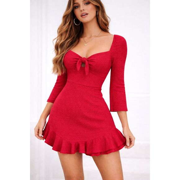 Who I am Dresses & Skirts - Coquette Sweetheart Bow Mini Dress Berry Red Ruffle Smocked Date Night Size 10